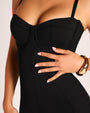 Front close up of bust and seam details on Seamed Lushy Midi Dress - Black