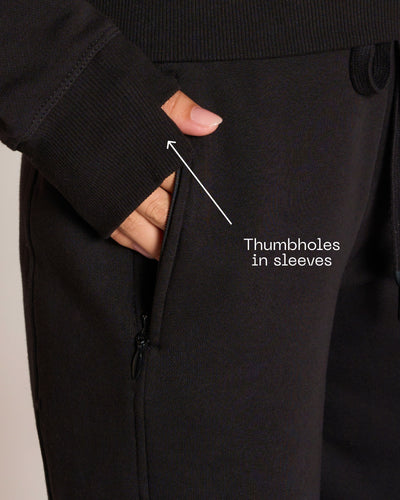 Graphic of Croissant Fleecey - Black highlighting thumbholes in sleeves