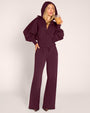 Full body view of model wearing Fleecey Wide Leg Pull-On Pant - Garnet paired with Croissant Fleecey - Garnet