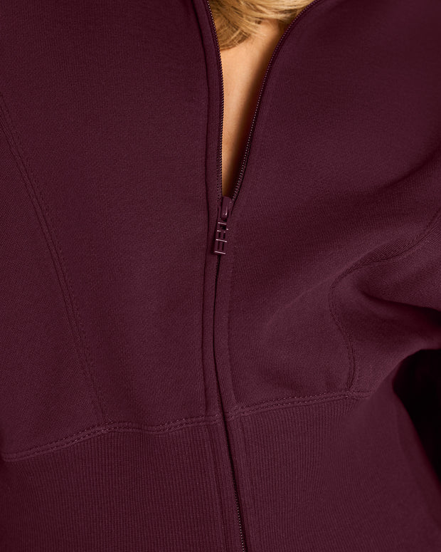 Close up of zipper on Croissant Fleecey - Garnet